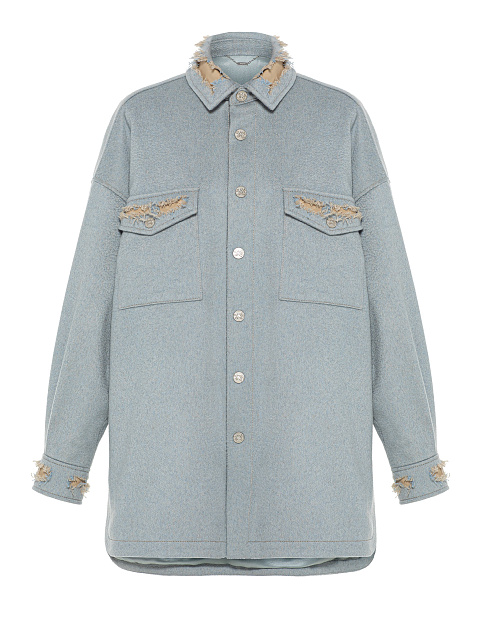 Голубая объемная рубашка из денима с отделкой из кожи, 1