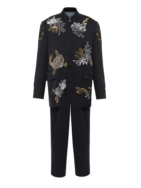 Черный костюм-тройка из шерсти с пайетками, 2