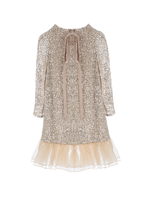 Бежевое детское платье-мини с пайетками, 1