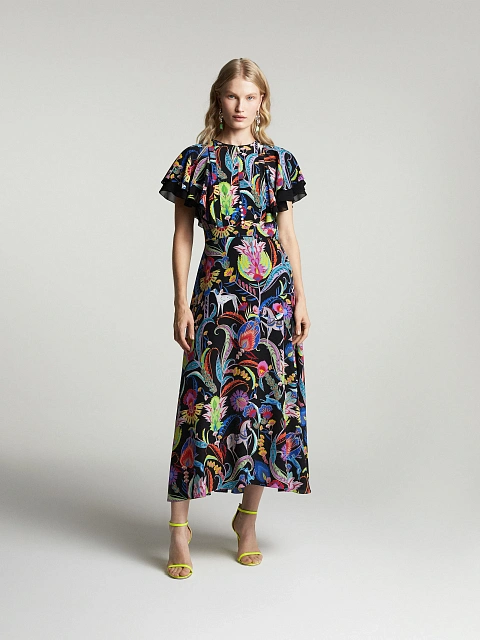 Черное платье-миди из шелка с принтом, 2