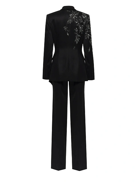 Черный костюм-двойка из шерсти с асимметричным жакетом и вышивкой, 3