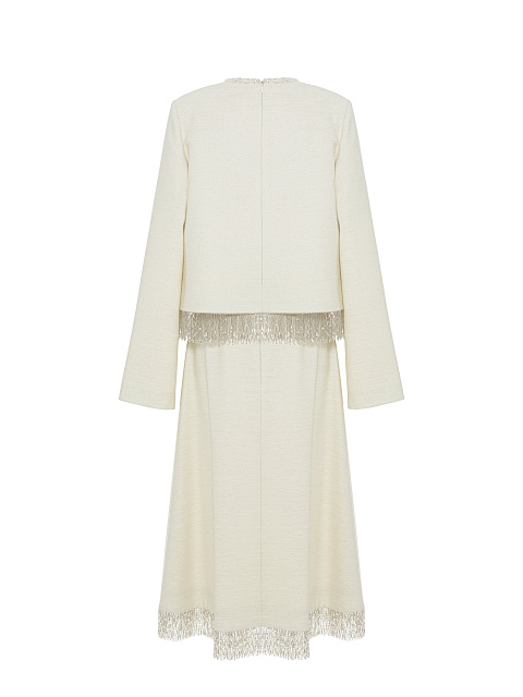 Молочный костюм из жакета и юбки-миди с бахромой из бисера, 2 Молочный костюм из жакета и юбки-миди с бахромой из бисера, 2