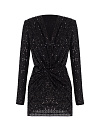Платье-мини черное в пайетку на запах с узлом на талии, длинный рукав