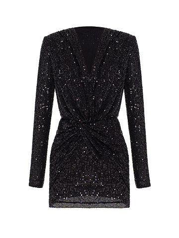 Черное платье-мини с пайетками и драпировкой, 1