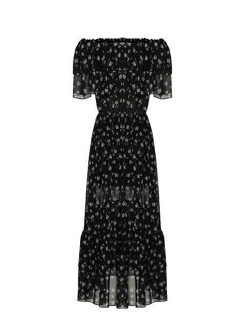 Черное шифоновое платье-миди с открытыми плечами, 2 Черное шифоновое платье-миди с открытыми плечами, 2