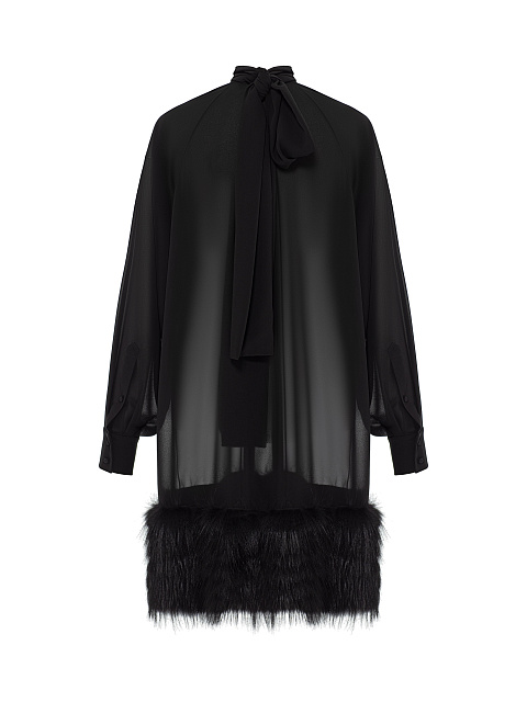 Черное платье-мини из шифона с мехом, 2