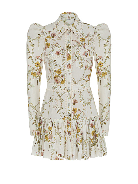 Молочное платье-мини из хлопка с цветочным принтом, 1
