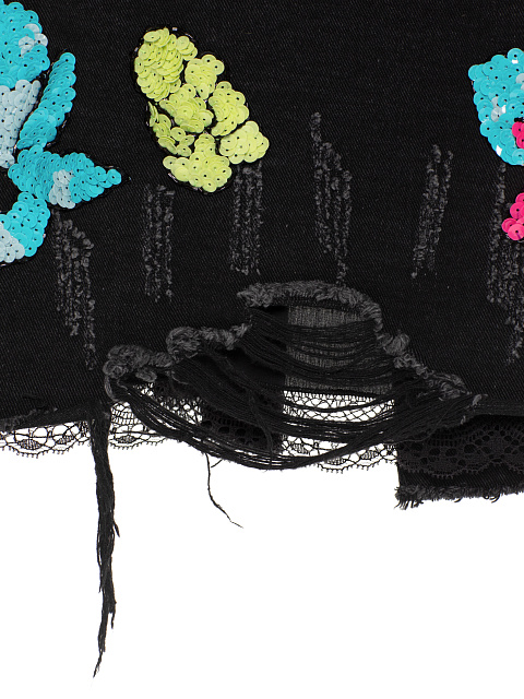 Черная укороченная джинсовка с рваным низом и цветочной вышивкой, 4