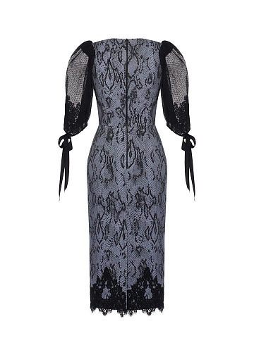 Серое платье-миди из денима с принтом и кружевом, 2