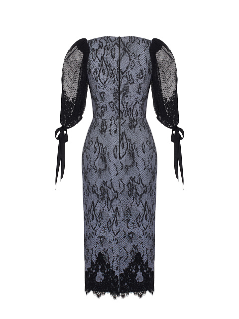 Серое платье-миди из денима с принтом и кружевом, 2