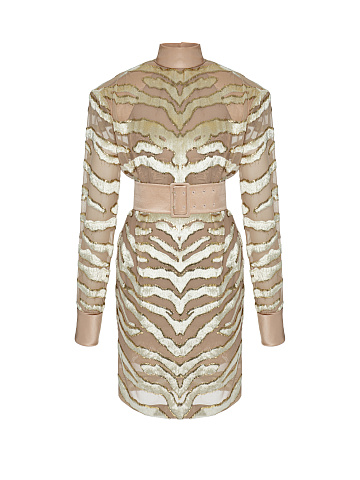 Бежевое платье-миди из панбархата, 1