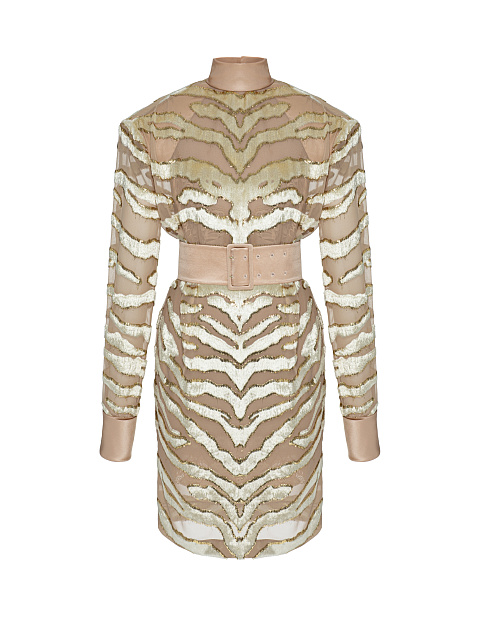 Бежевое платье-миди из панбархата, 1