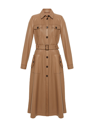Бежевое кожаное пальто с поясом, 1