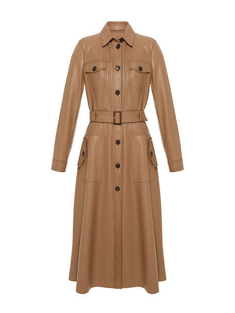 Бежевое кожаное пальто с поясом, 1
