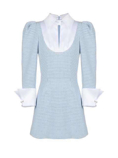 Голубое платье-мини с белыми манжетами, 1