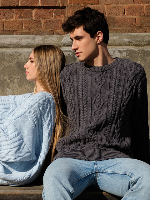 Серый унисекс хлопковый свитер с косами, 7