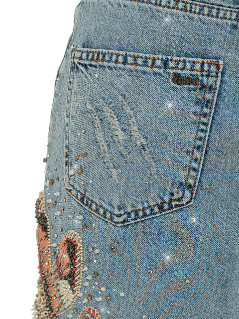 Расклешенные голубые джинсы с вышивкой и стразами, 4
