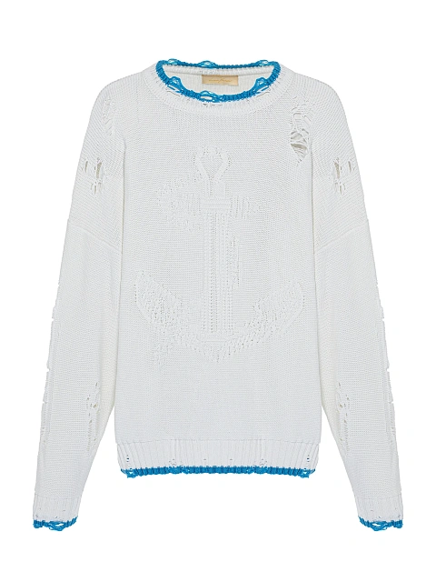 Белый унисекс хлопковый свитер с якорем, 1