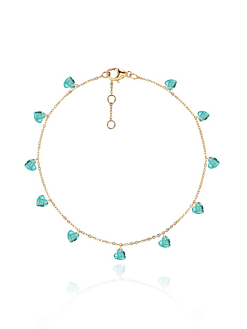 Браслет на лодыжку из серебра с позолотой с голубыми фианитами в огранке "Сердце", 1 Браслет на лодыжку из серебра с позолотой с голубыми фианитами в огранке "Сердце", 1