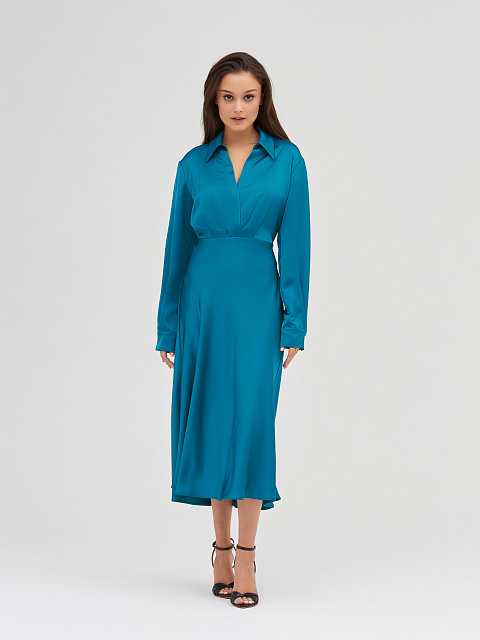 Темно-бирюзовое атласное платье-миди, 2