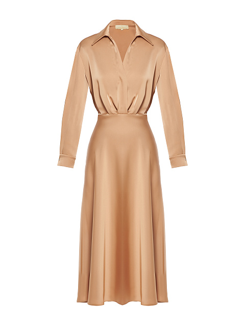 Бежевое атласное платье-рубашка, 1