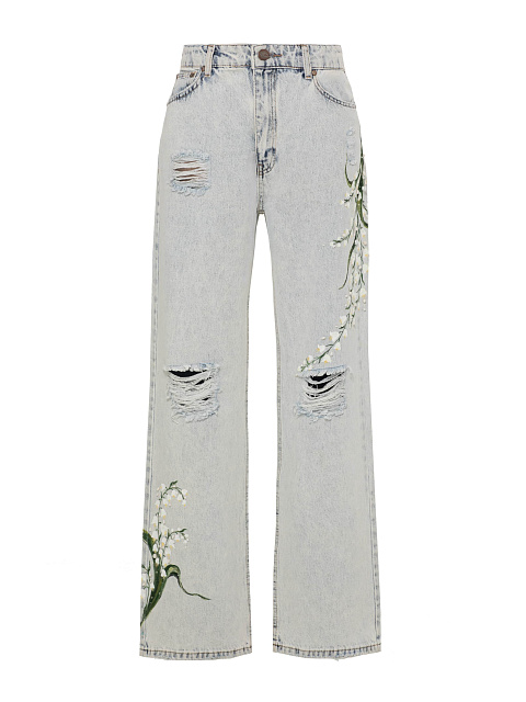 Голубые джинсы с вышивкой в виде ландышей и дырками, 1