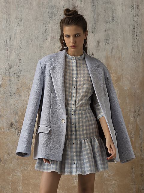 Голубое шифоновое платье-мини в клетку, 7