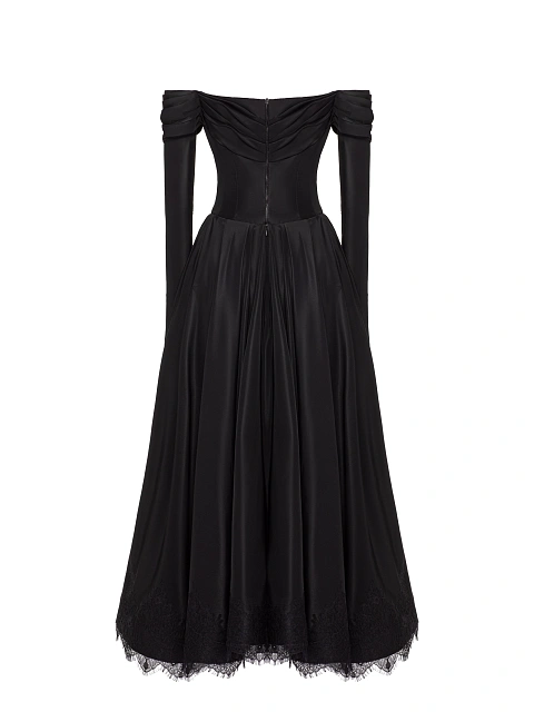 Черное платье-макси из тафты с открытыми плечами и кружевом, 3