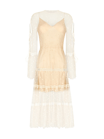 Бежевое платье из полупрозрачной сетки в горошек, 1