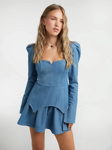 Голубой комплект из топа с баской и юбки-мини, 6