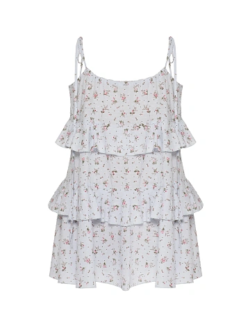 Голубое платье-мини из хлопка с цветочным принтом и воланами, 1