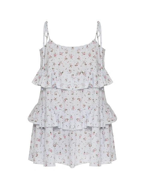 Голубое платье-мини из хлопка с цветочным принтом и воланами, 1