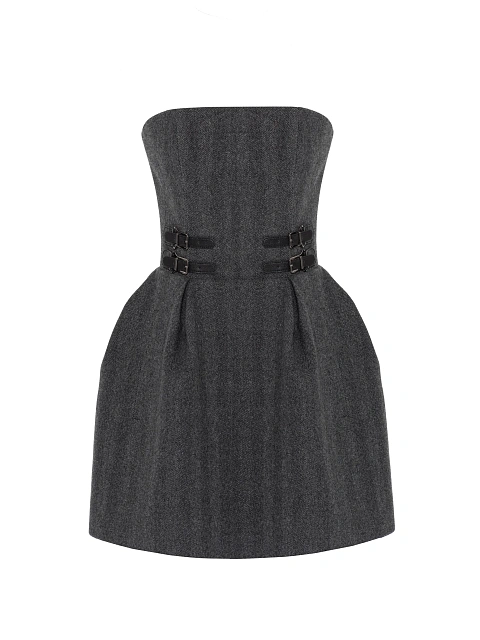Серое платье-мини из шерсти с кожаными клевантами, 1