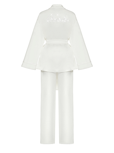 Белый домашний костюм из шелка с вышивкой "Bride", 2 Белый домашний костюм из шелка с вышивкой "Bride", 2