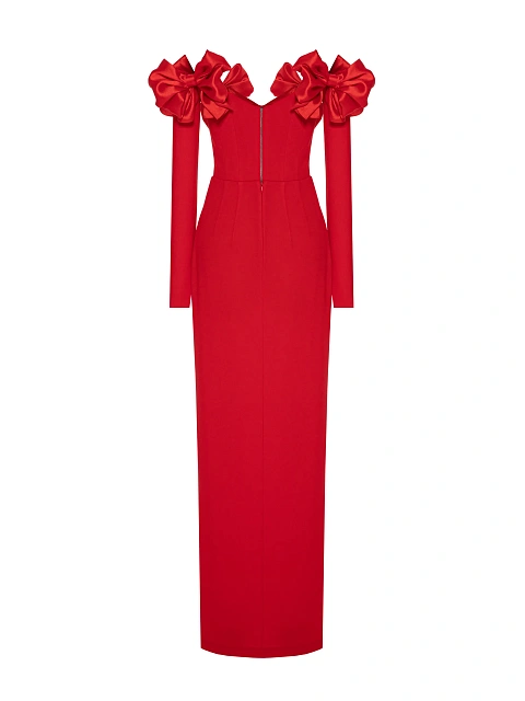Красное платье-макси из шелка с бантами, 3