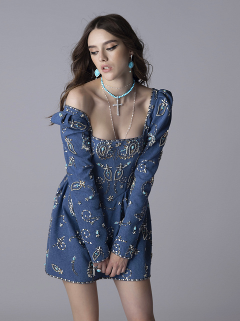 Синее платье-мини из джинсовой ткани, 4