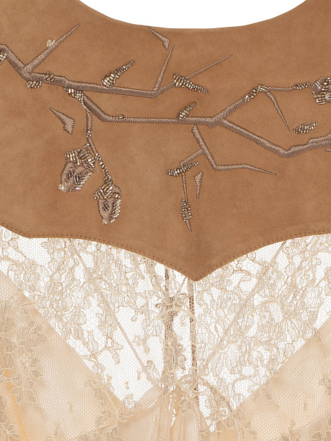 Бежевое платье-миди из кружева с замшей, 5