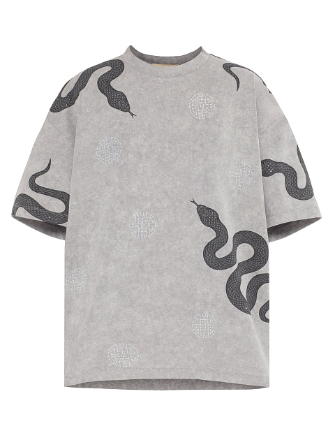 Серая футболка из меланжевого трикотажа с принтом и стразами, 1