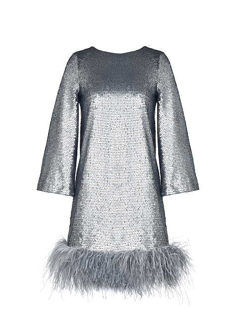 Серебристое платье-мини в пайетках с боа, 1
