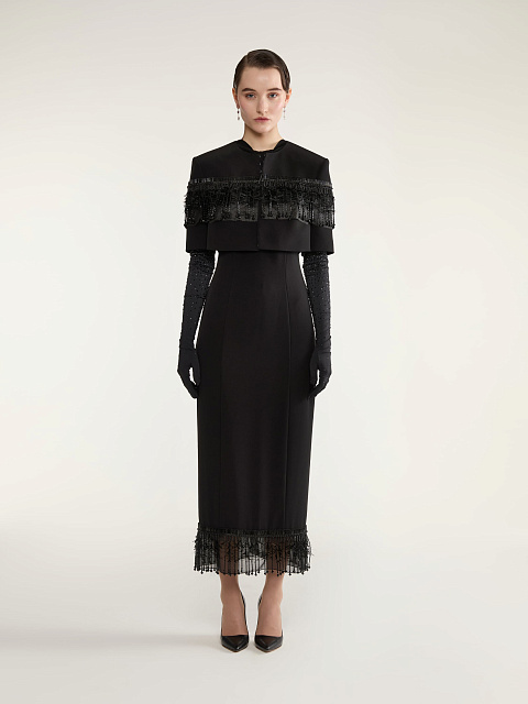 Черный укороченный жакет с бахромой из бисера, 4