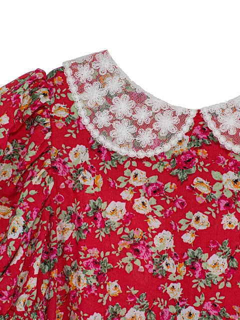 Красное детское платье с цветочным принтом и кружевным воротником, 3