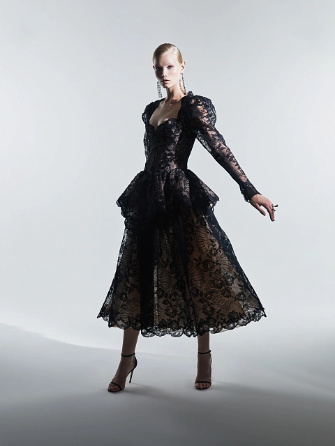 Черное кружевное платье-миди с баской, 5 Черное кружевное платье-миди с баской, 5