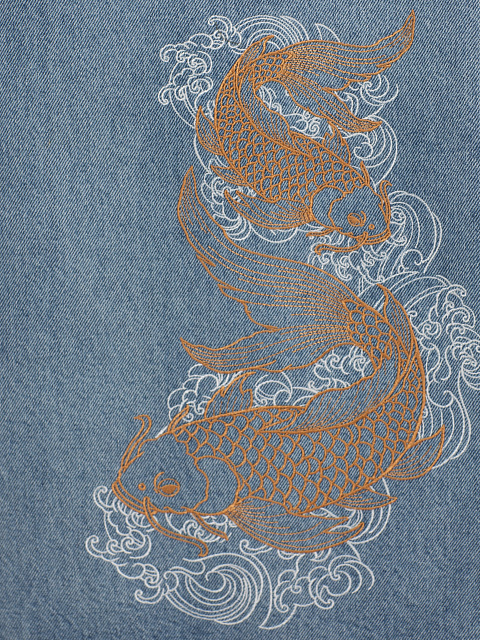 Широкие голубые джинсы из хлопка с вышивкой в виде рыб, 4