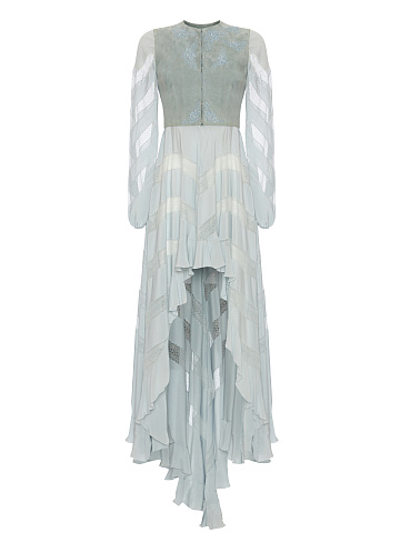 Голубое шелковое платье с замшевым лифом, 1