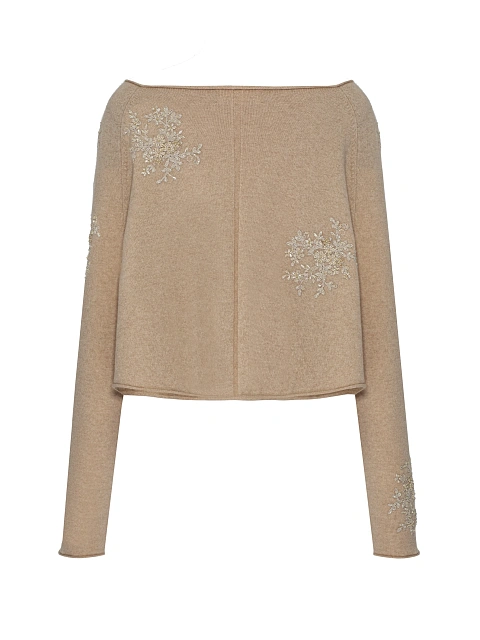 Бежевый укороченный пуловер из кашемира с вышивкой, 2 Бежевый укороченный пуловер из кашемира с вышивкой, 2