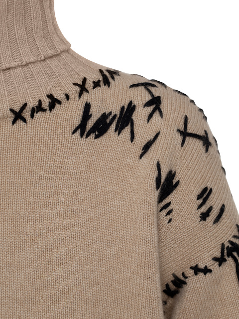 Бежевый кашемировый свитер с черной вышивкой, 3