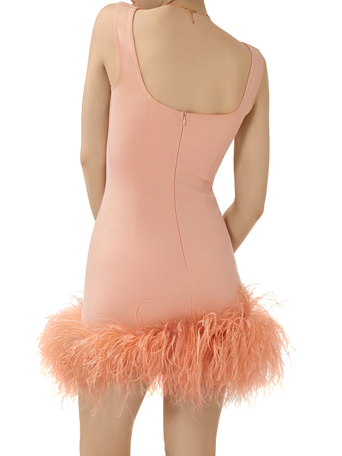 Персиковое платье-мини из джерси с боа по низу, 5