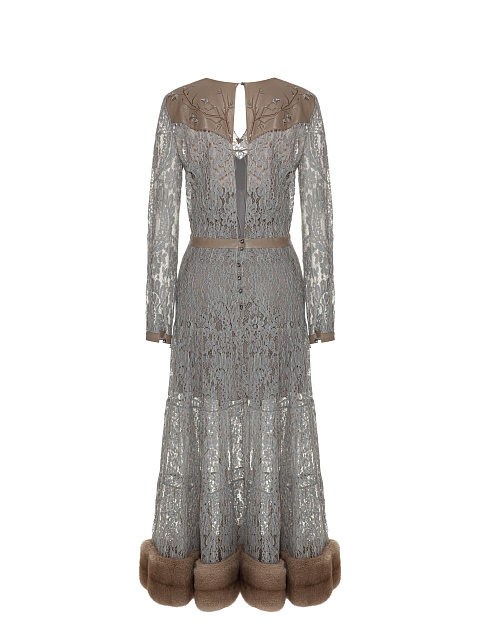 Серое платье из кружева с декором из норкового меха, 2