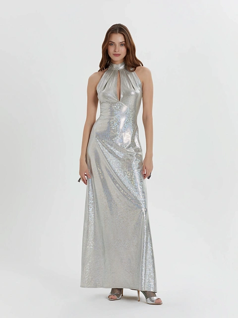 Серебристое голографическое платье-макси, 5