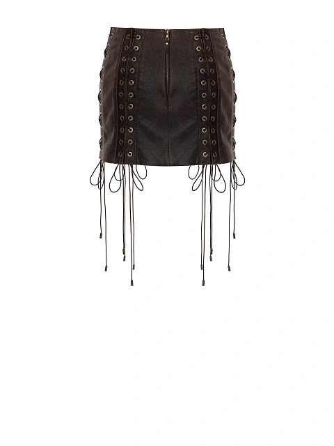 Коричневая юбка-мини из кожи с декоративной шнуровкой, 3